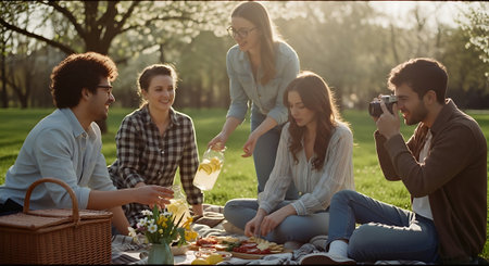 Group of five friends having a picnic in a park, surrounded by trees, with food, drinks, and a picnic basket, smiling and taking photos.の素材