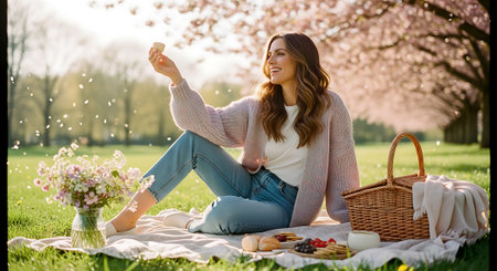 A young woman sits on a blanket in a park, surrounded by a vase of flowers, a picnic basket, and a spread of food, smiling and tossing something in the air on a sunny spring day.の素材