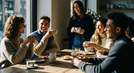 A group of six friends, diverse in ethnicity and age, sit around a wooden table at a cafe, laughing and chatting while enjoying their coffee and snacks, with a waitress standing nearby.の素材
