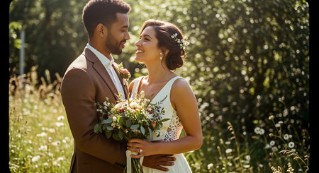 A smiling man and woman in wedding attire stand close together in a field of wildflowers, with the woman holding a bouquet and wearing a floral crown.の素材