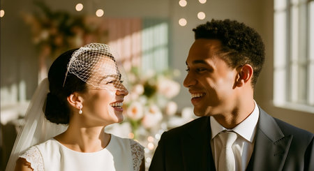 A smiling bride and groom, a diverse couple, looking at each other with joy, wearing formal wedding attire, with flowers and lights in the background.の素材