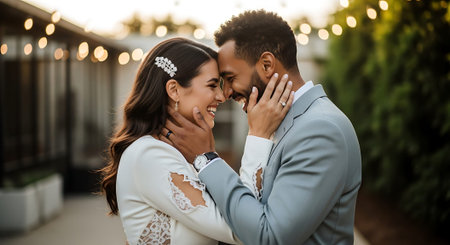 A loving couple in formal attire shares an intimate moment outdoors, with the woman smiling and the man gently touching her face, surrounded by lush greenery and warm string lights.の素材
