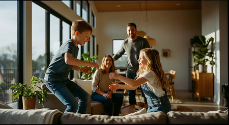 A family of four enjoys playful moments together in a bright and airy living room with large windows, comfortable couch, and lush green plants.の素材