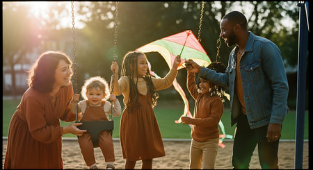 A diverse family of five enjoys a sunny day at the park, with two children on a swing and playing with a kite, surrounded by lush greenery and warm sunlight.の素材