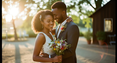 A tender moment of a black couple embracing outdoors, with the woman in a white dress holding flowers and the man in a suit, set against a serene background at sunset.の素材
