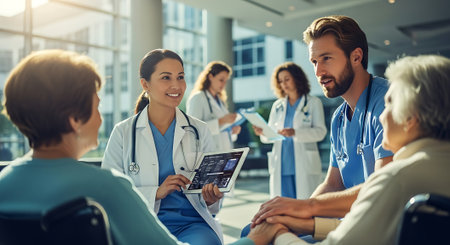 A female doctor and male doctor in blue scrubs and white lab coats consult with two elderly patients in a modern hospital lobby, with other medical staff in the background.の素材