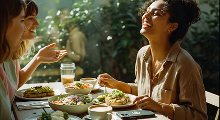 Three women sit at a table with various dishes and drinks, laughing and chatting in a serene outdoor setting with lush greenery in the background.の素材