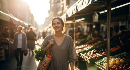 A smiling woman in a gray dress walks through an outdoor market, carrying a bag of fresh vegetables and tomatoes, surrounded by vibrant produce stands and blurred pedestrians.の素材