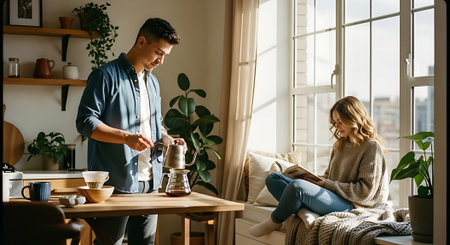 A man pours coffee while a woman sits on a couch, reading a book in a bright, plant-filled living room with a warm atmosphere.の素材