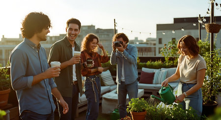 A group of five friends gather on a rooftop patio, enjoying coffee and each other's company, surrounded by plants and outdoor furniture, with a cityscape in the background.の素材
