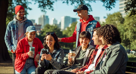 A group of six young adults, dressed casually, sit and stand together in a park with a city skyline in the background, enjoying each other's company on a sunny day.の素材