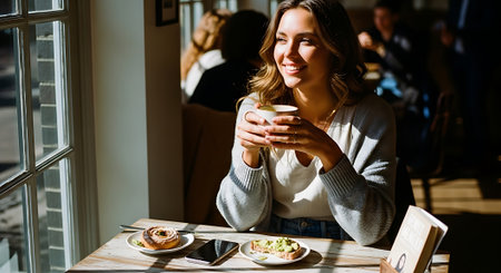 A smiling woman sits at a table by the window, holding a cup of coffee and surrounded by a pastry and a plate of food, with a phone and a menu on the table.の素材