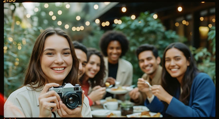 A group of diverse friends smiling and eating at an outdoor table, with one woman in the foreground holding a camera, surrounded by lush greenery and string lights.の素材