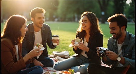 Group of four young adults sitting on blanket, eating food, laughing, and chatting in a sunny park with green grass and trees in the background.の素材