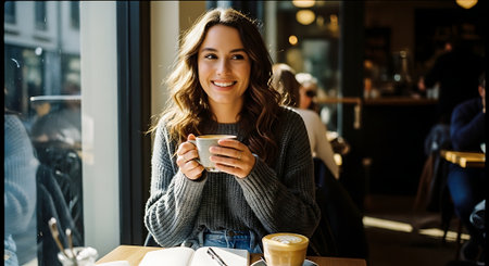 A smiling young woman with long brown hair sits at a table by a window in a cafe, holding a cup of coffee and surrounded by an open book and another cup of coffee.の素材