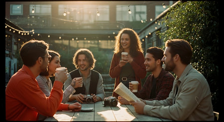 A group of six friends sit around a table outdoors, enjoying coffee and conversation on a warm, sunny day with string lights in the background.の素材