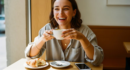 A smiling woman sits at a table, holding a cup of coffee and surrounded by a plate with a croissant, a small plate with utensils, and a cell phone.の素材