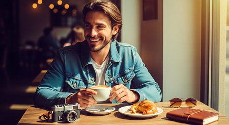 A smiling man in a denim jacket sits at a cafe table with a cup of coffee, croissant, camera, sunglasses, and notebook, enjoying a relaxing moment indoors.の素材