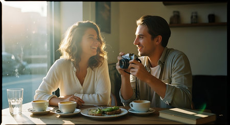 A smiling young couple sits at a table by the window, enjoying coffee and food together, with the man holding a camera and the woman laughing.の素材