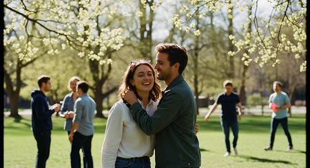 A smiling young couple stands in a park, with the man embracing the woman from behind, as friends play frisbee in the background under blooming trees.の素材