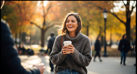 A smiling woman in a gray sweater holds a coffee cup while conversing with someone in a park on a sunny autumn day with vibrant yellow and orange foliage.の素材