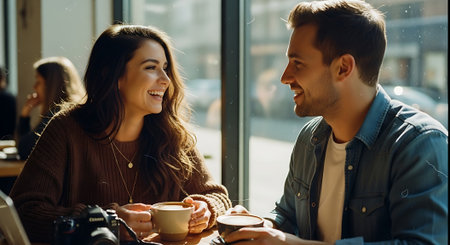 A smiling young man and woman sit at a table by a window, engaged in conversation over coffee cups in a casual, daytime setting.の素材