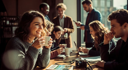 A group of young adults sit at a table in a modern cafe, enjoying coffee and conversation, with laptops and cameras present, while others stand and interact in the background.の素材