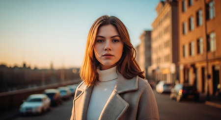 A young woman with long brown hair stands on a city street, wearing a beige coat and white turtleneck, with cars and buildings in the background during sunset.の素材
