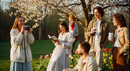 A group of young adults relax and socialize in a vibrant garden filled with colorful flowers and blooming trees on a sunny day.の素材