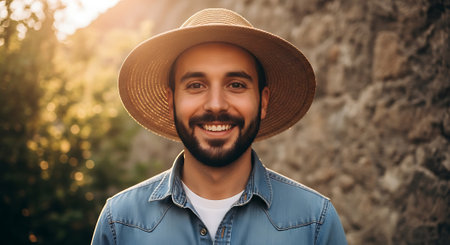 A man with a beard and mustache wearing a straw hat and denim jacket smiles warmly, standing in front of a stone wall and greenery with sunlight shining through.の素材