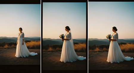A serene collage of a bride in a white wedding dress standing in a field at sunset, with and without a bouquet, set against a backdrop of rolling hills and a clear sky.の素材