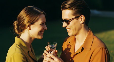 A smiling young man and woman, dressed in earthy tones, hold and gaze at a small glass together in a grassy area, bathed in warm sunlight.の素材