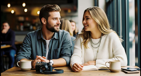 A smiling young man and woman sit at a wooden table in a cafe, surrounded by coffee cups, a camera, and a notebook, enjoying each other's company in a cozy atmosphere.の素材
