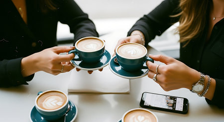 Two women in black shirts clinking blue coffee cups with saucers, sitting at a white table with a laptop and smartphone nearby, enjoying a casual moment together.の素材