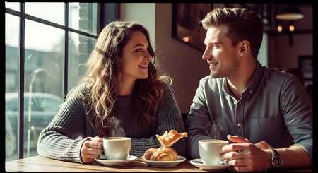 A smiling young couple sits at a table by the window, holding cups of coffee and surrounded by delicious pastries in a warm and inviting atmosphere.の素材