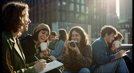 Group of friends sitting outdoors in city, laughing, taking notes, and capturing moments with camera and coffee cups, surrounded by tall buildings and natural light.の素材