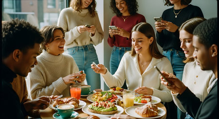 A group of young adults, diverse in ethnicity and skin tone, gather around a table filled with food and drinks, laughing and socializing while some use their smartphones.の素材