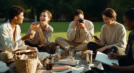 Group of five friends sitting on blanket in park, eating, taking photos, and relaxing together with picnic basket and food.の素材