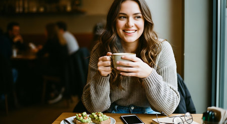 A smiling young woman sits at a cafe table, holding a cup of coffee and surrounded by a plate of toast, a cell phone, and glasses in a warm and inviting atmosphere.の素材