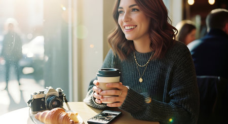 A smiling woman sits at a cafe table with a cup of coffee, croissant, and camera, enjoying a relaxing moment indoors with natural light shining through the window.の素材