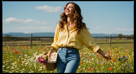 A smiling woman in a yellow shirt and blue jeans runs through a vibrant field of wildflowers, holding a basket of freshly picked flowers under a clear blue sky with distant mountains.の素材