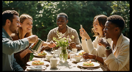 A group of six friends, diverse in ethnicity and age, sit around a table in a lush green outdoor setting, enjoying a meal together and laughing.の素材