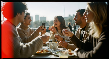 A group of friends sit around a table, smiling and chatting while enjoying their meal and drinks on a sunny day with a city skyline in the background.の素材