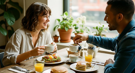 A smiling couple sits at a wooden table, sharing a meal with pancakes, orange juice, and coffee in a bright and airy restaurant with plants in the background.の素材