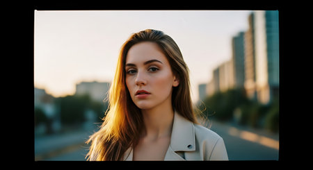 A young woman with long brown hair wearing a beige jacket stands on a city street, looking directly at the camera with a blurred urban background at sunset.の素材