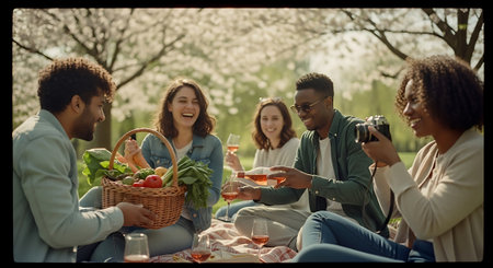 A group of five diverse friends sit on a blanket in a park with blooming trees, sharing a picnic with a basket of food, wine, and joyful conversation.の素材