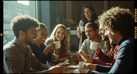 A group of young adults sit around a table, laughing and chatting while enjoying their coffee and each other's company in a casual setting.の素材