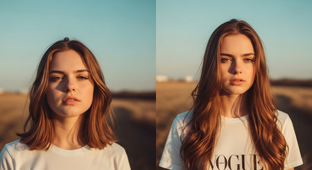 Two young women with long brown hair stand side by side in a field, wearing white t-shirts, under a clear blue sky with a blurred background.の素材