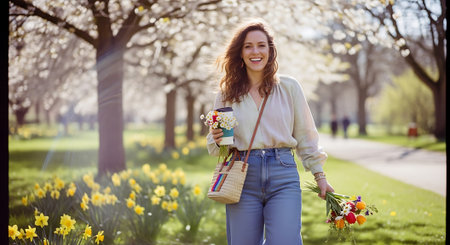 A smiling woman with long brown hair walks in a park with blooming trees and yellow flowers, carrying a coffee cup and a bouquet of colorful flowers in a sunny spring setting.の素材
