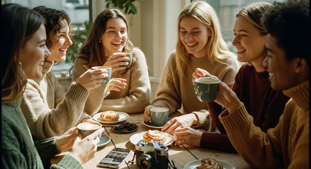 A group of six young adults, diverse in ethnicity and hair color, sit around a table, smiling and chatting while holding coffee cups and plates of food in a bright, casual setting.の素材